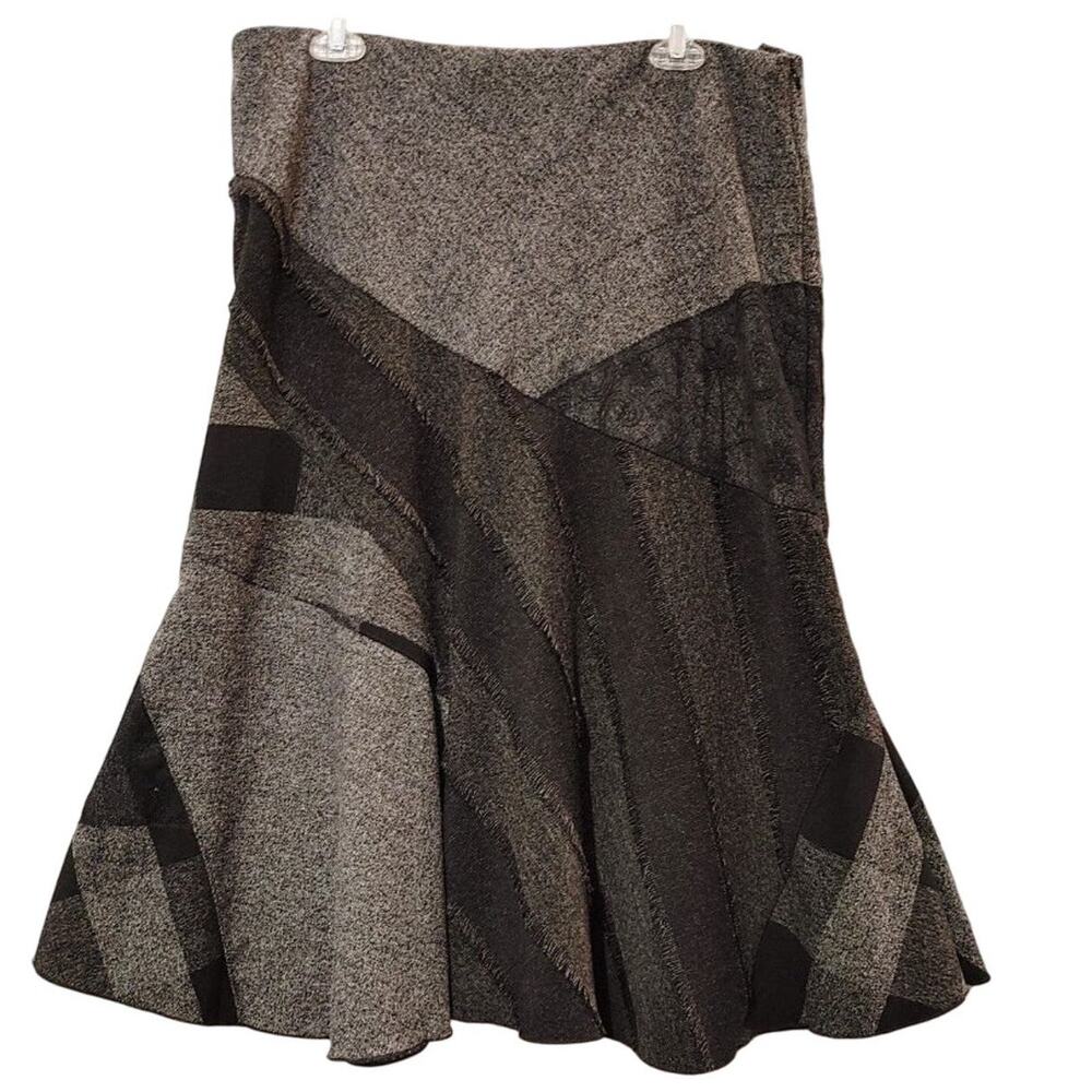 Coldwater Creek A-Line Lace Patchwork Midi Skirt Fringed Black Gray Womens PL